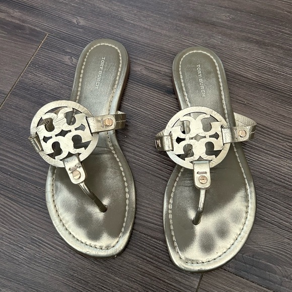Tory Burch Shoes - Tory Burch Metallic Silver Logo Thong Sandals